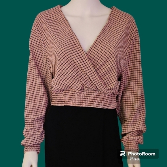 VTG H&M DIVIDED Tattersall Cropped Surplice Blouson Long Sleeve Blouse - Picture 1 of 7